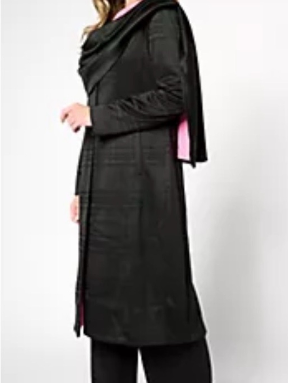 Women's Black Trench Coat with Pink Accent and attached scarf